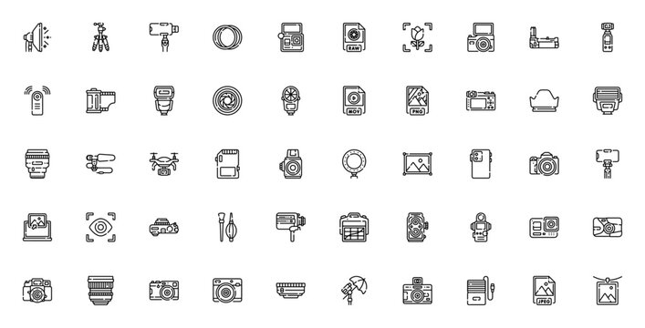 Photography icon set. Camera icon pack. Minimal line icons. Featuring reflector, tripod, lens, action camera, flash, memory card, battery, aperture, raw file, harddrive and more.