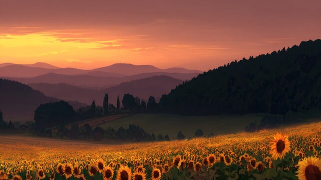 Expansive field of sunflowers glows under a warm, layered mountain sunset