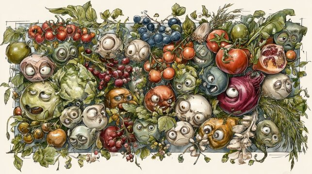 Grotesque assemblage of various produce animated with exaggerated facial expressions creates a bizarre garden scene.