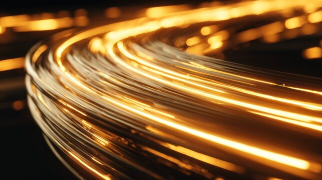 Bright golden light streaks curve dynamically across a dark background in a close up perspective