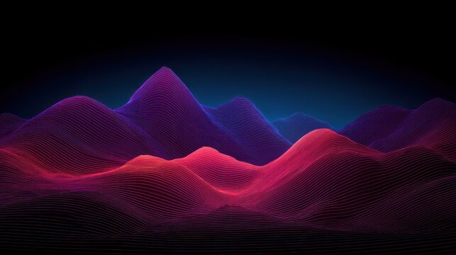 Abstract landscape featuring vibrant neon wireframe waves against a dark background