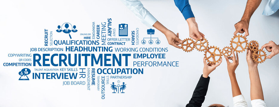 Hands Collaborating on Recruitment Concept with Gears and Keywords Highlighting Headhunting, Interview Process, Employee Qualifications, and Job Board Dynamics. Amity