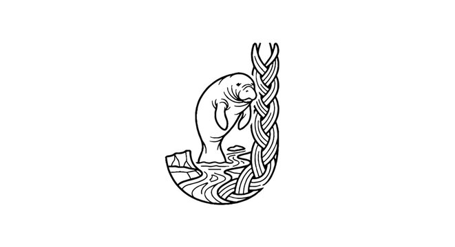 Illustrated Manatee Reading Book Underwater Scene.