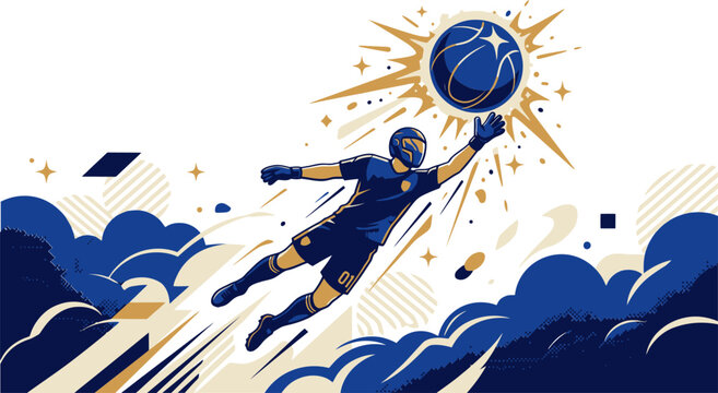 Dynamic soccer goalkeeper vector illustration, athletic goalie making a diving save, blue and gold football player action graphic for sports branding