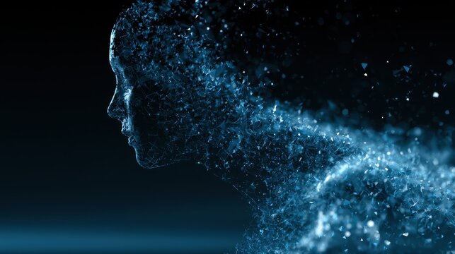 Ephemeral Being: A profile view of a human-like form dissolving into a cloud of shimmering blue particles against a dark background, symbolizing transformation and the intangible nature of existence.