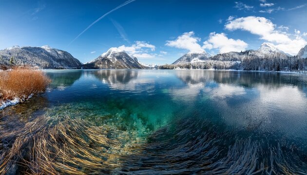 Crystal Clear Cold Lake Water From Plansee In Thawing Weather With Blue Sky And Clouds Near Reutte