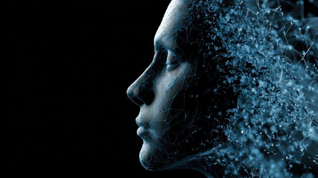 Digital Mindscape: A profile of a woman's face dissolving into a cloud of digital information, representing thought, data, and the merging of human consciousness with technology.