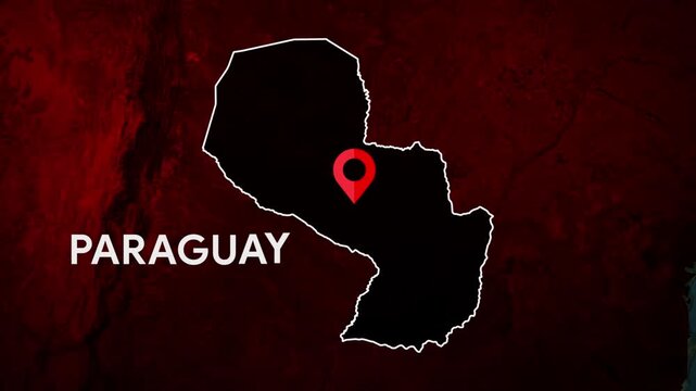 Animated Map of Paraguay Country Highlighted with Location Pin on Dark Red Background