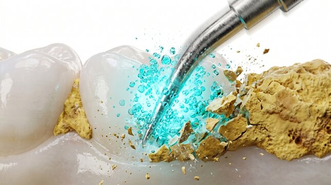 3D Microscopic Diagram of Ultrasonic Scaler Cavitation Destroying Dental Calculus