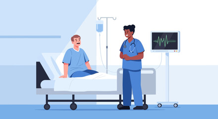 Fototapeta premium Doctor Caring For Elderly Patient In Hospital Room With Monitor Infusion