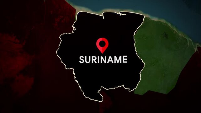 Animated Map of Suriname Country Highlighted with Label on Dark Background