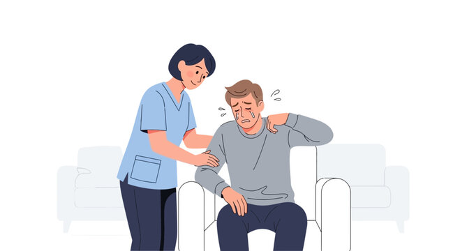 Healthcare worker caring for anxious patient seated in armchair therapy