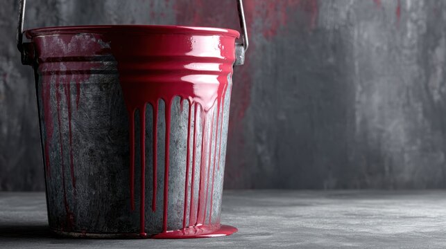 Blood Red Bucket: A distressed metal bucket overflows with thick, vibrant red liquid, dripping down its sides and pooling on the concrete floor, evoking a sense of danger and mystery.