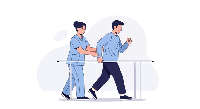 Physical Therapy Patient Walking with Nurse Assistance on Parallel Bars