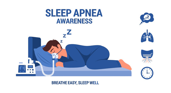 Sleep apnea awareness graphic with man using cpap machine