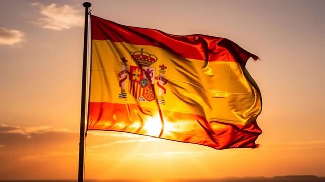 Spanish flag waving in the wind at sunset during golden hour