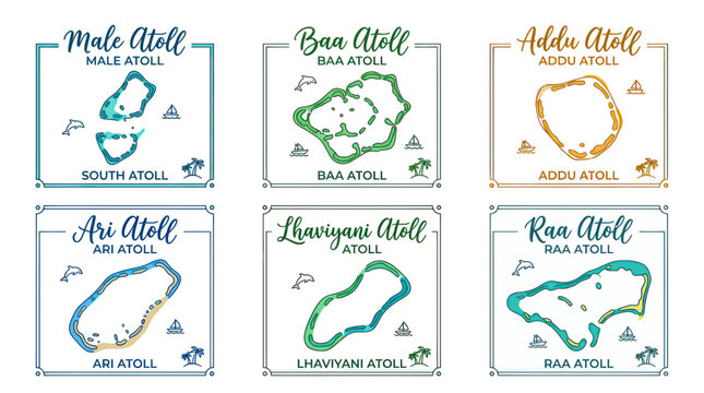 Maldives Atolls Map Collection: Male, Baa, Addu, Ari, Lhaviyani, Raa