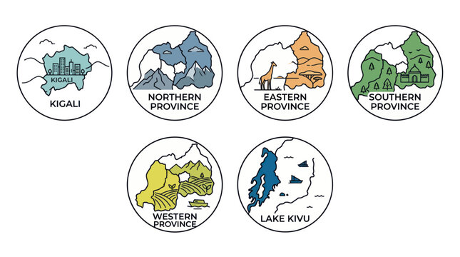 Rwanda Provinces Map Icons: Kigali, Northern, Eastern, Southern, Western, Lake Kivu