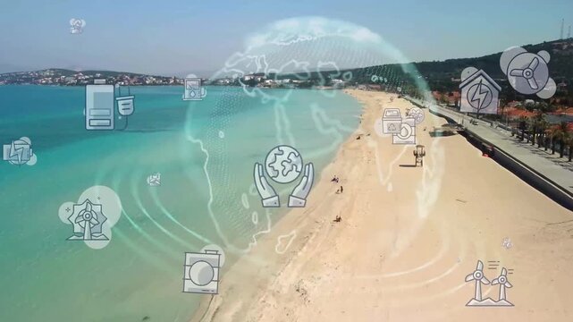 Aerial view beachside city with icons representing various services and amenities