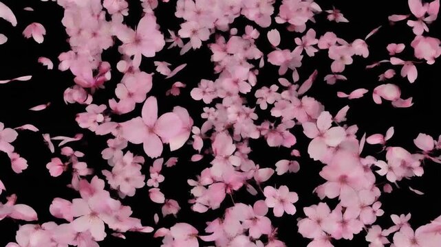 Beautiful pink cherry blossom flowers falling on black background