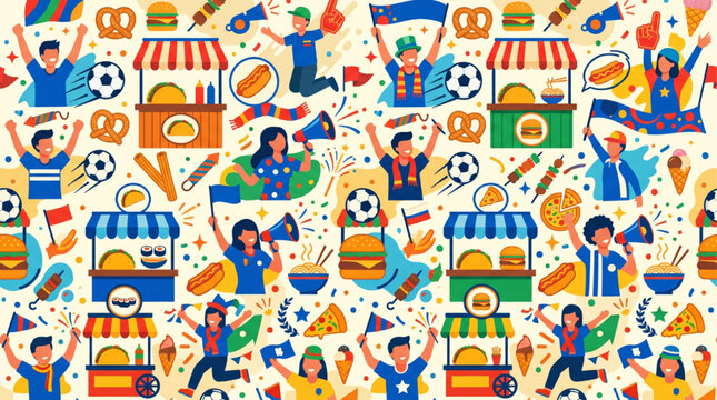 Seamless vector pattern of soccer fans, street food stalls, and football accessories. Vibrant flat illustration of cheering crowds, snacks, and sports celebration. AI generated.
