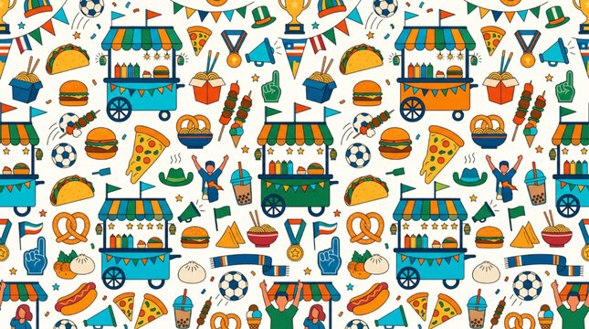 Seamless pattern of street food stalls and sports fans. Vibrant vector illustration featuring pizza, burgers, and festival snacks. AI generated.