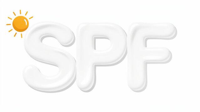 White SPF sunscreen letters with a bright sun icon on a plain background for skincare protection and sun safety
