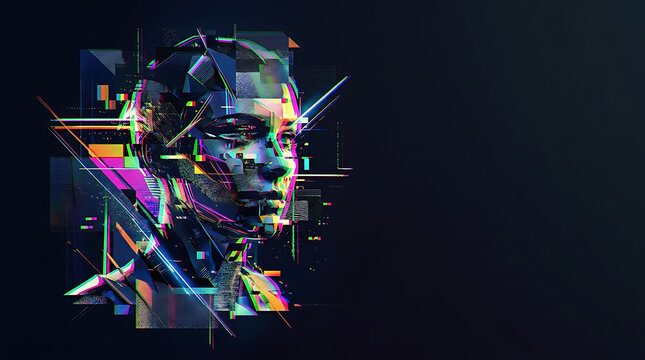 Digital glitch portrait of a futuristic human face with neon light