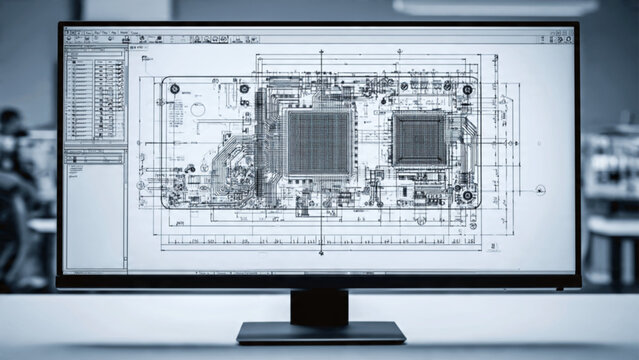 Computer monitor displaying detailed technical engineering blueprint with electronic circuit diagram and component layout