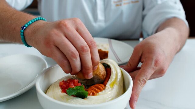 Close up of a person hand dipping a piece of crusty bread into a white ceramic bowl filled with gourmet creamy hummus topped with diced tomatoes, olive oil and fresh herbs