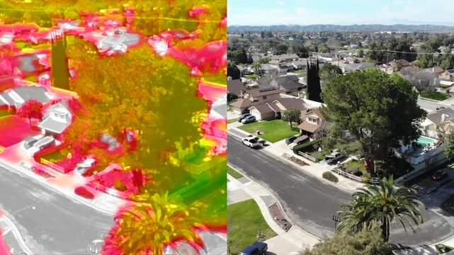 An Infra Red Drone taking images for Training on identifying subjects or terrain using the latent heat images looking at a neighborhood with residential building to understand latent radiated heat