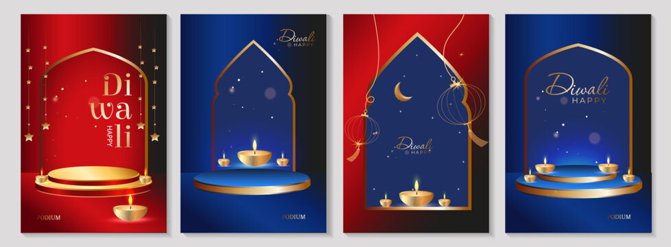 Diwali vertical banner template set. Four elegant red and blue vector posters with 3D golden podiums, arch frames, and burning diya lamps. Modern digital backdrop for Deepavali holiday design.