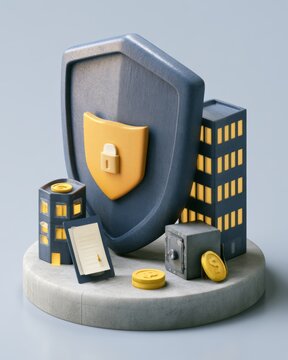 Miniature diorama shield protecting business asset concept