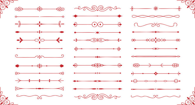 Extensive array of decorative red line art borders and ornate corner elements perfect for classic design layouts