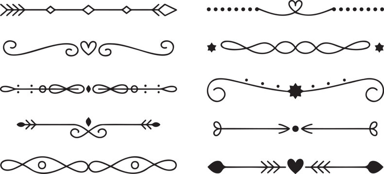 Versatile black linear dividers featuring a variety of simple and elegant shapes for diverse design applications