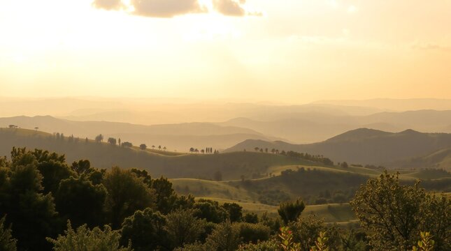 Golden hour sunset over rolling hills and distant mountains