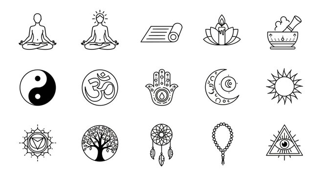 Spiritual yoga and meditation line icon set including lotus, hamsa hand, om, yin yang, and dreamcatcher symbols for holistic wellness design