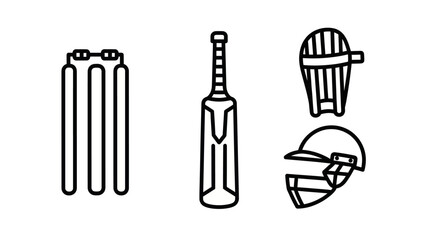 Cricket helmet leg pad and equipment set line icons. © power