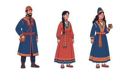 Naklejka premium Three people in traditional Sami clothing, representing cultural heritage and diversity.