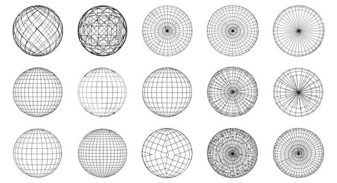 Collection of Geometric Wireframe Spheres and 3D Grid Mesh Designs for Technical Illustration