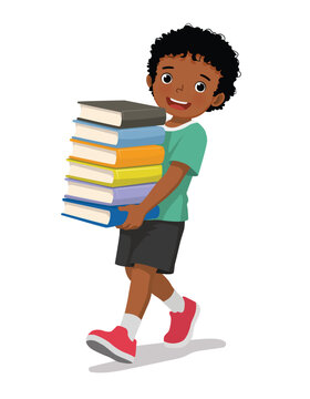 Little African boy carrying a stack of books