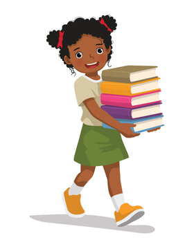 Little African girl carrying a stack of books

