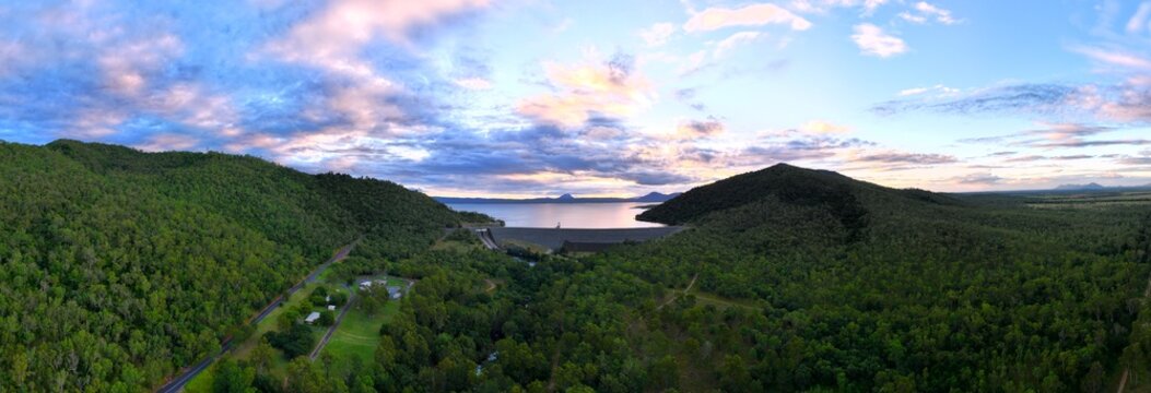 Spectacular aerial sunset parorama of Proserpine Dam Queensland Australia