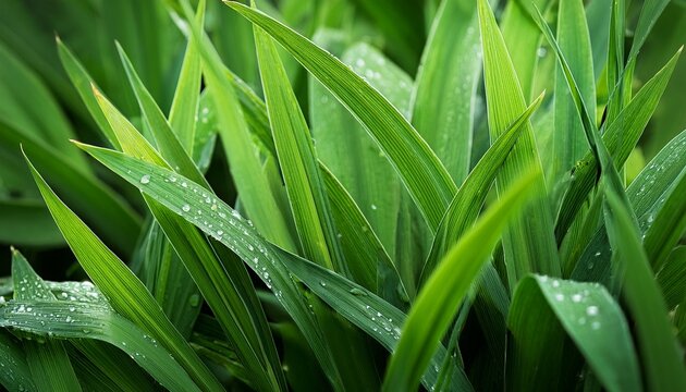 Green Ornamental Grass Leaves With Water Droplets