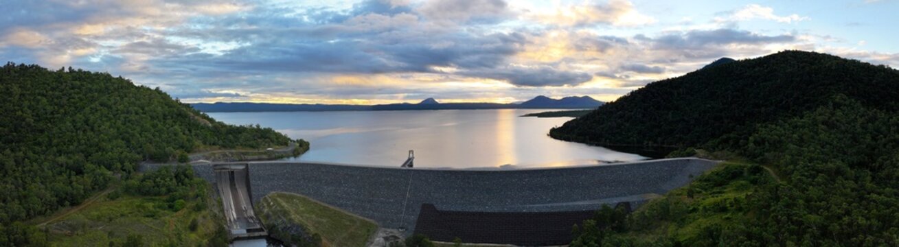 Spectacular aerial sunset parorama of Proserpine Dam Queensland Australia