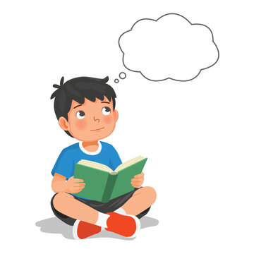 Little boy reading book thinking day dreaming sitting on floor