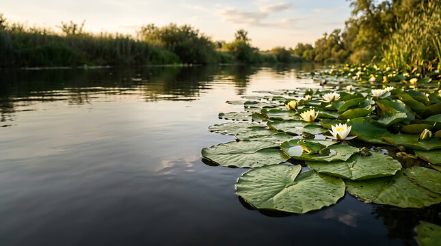 Little green frog resting on a lily pad in a peaceful river at sunset