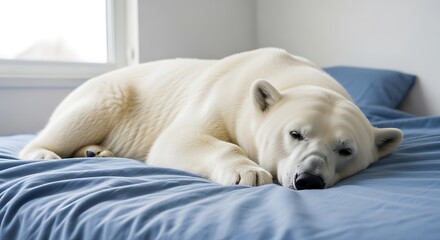 Obraz premium White dog resting on blue bed sheets in a bright bedroom