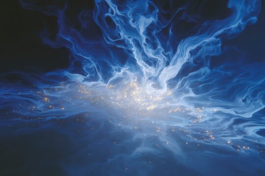 Abstract ethereal blue smoke and glowing light particles swirling in dark cosmic abyss