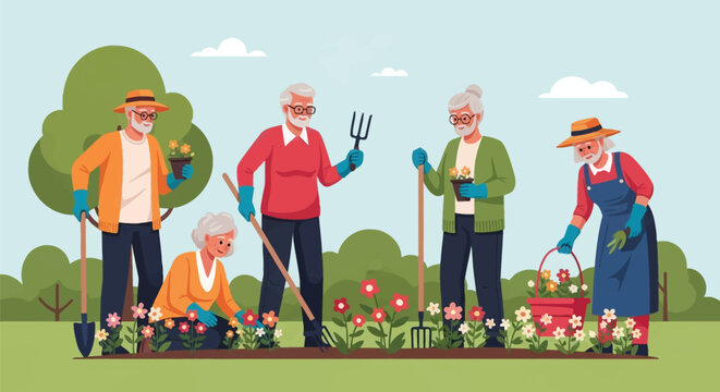Modern vector illustration of diverse senior citizens gardening together; elderly men and women planting flowers, using shovels, pitchforks, and tools in a sunny backyard park setting.
